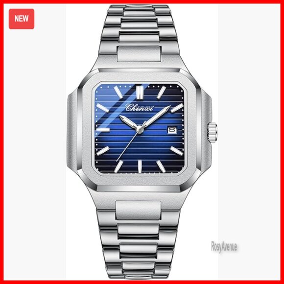 Men's Stainless Steel Square Dress Watch with Luminous Hands and Date